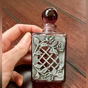 Amethyst Purple Glass Perfume Bottle with Silver Rose Design